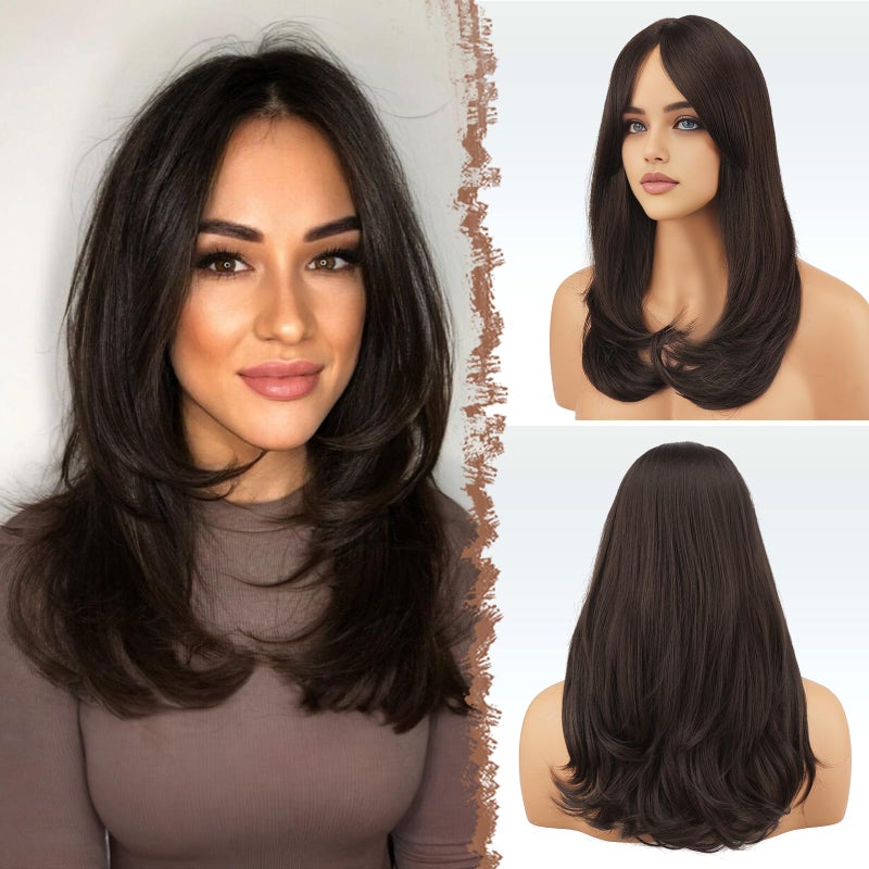 FESHFEN Brown Wigs with Bangs Synthetic Natural Looking Long Layered Straight Hair Wig for Women Daily Party Use 18 inch